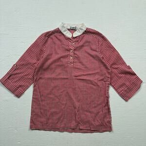 Vintage 80s Trissi Red Gingham Blouse White Collar, Size 12